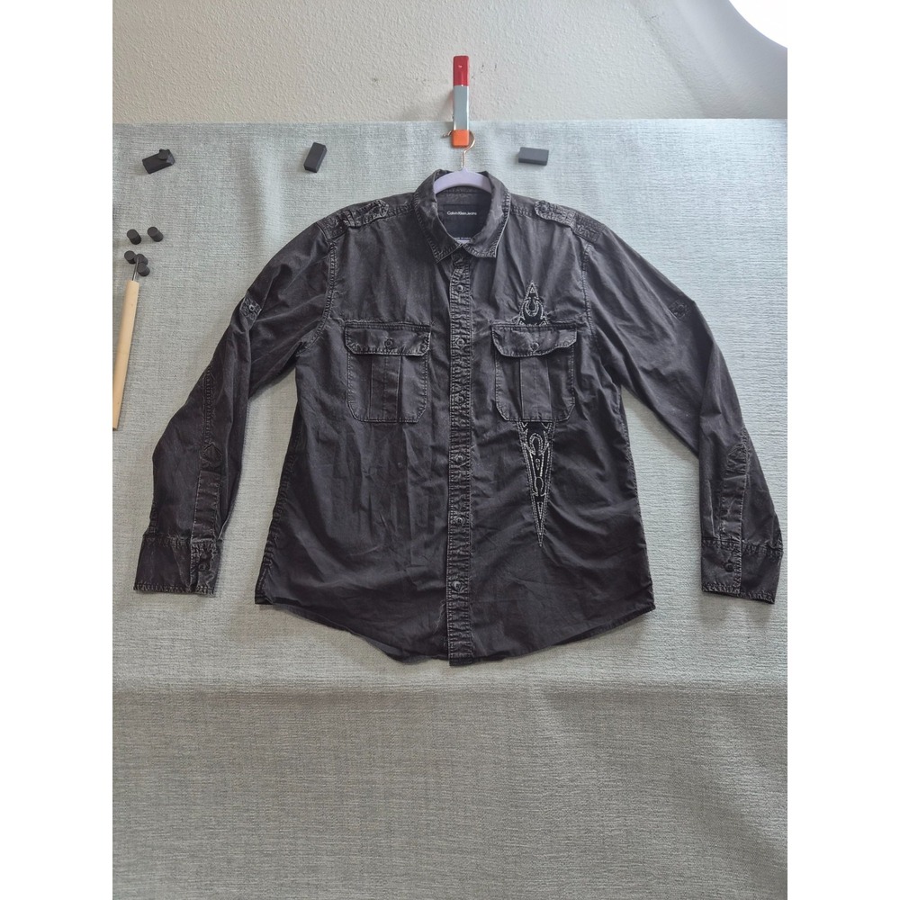 Calvin Klein Shirt Mens M Black Epaulets Embroidery Workwear Utility Button Up